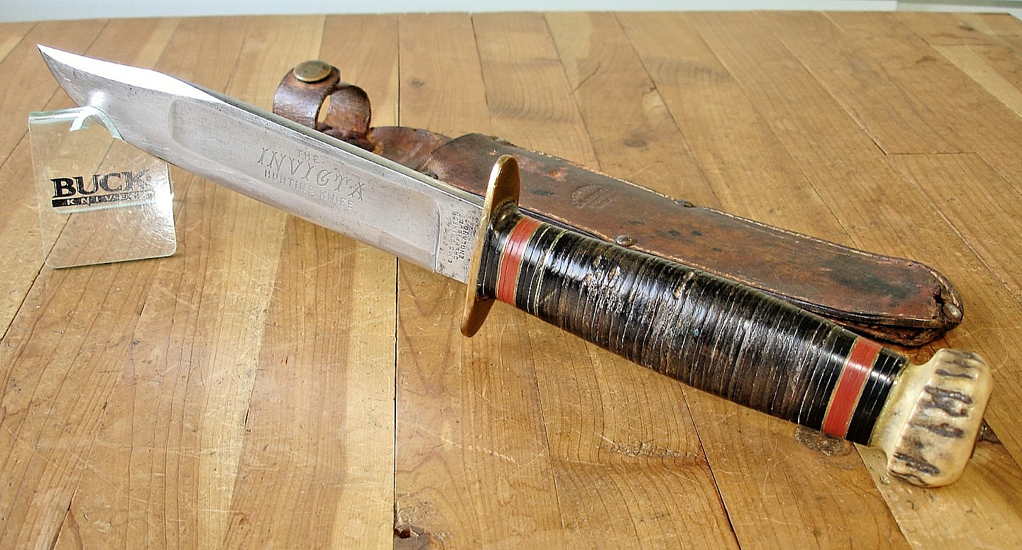 VTG INVICTA HUNTING KNIFE E.M. DICKINSON SHEFFIELD ENGLAND LEATHER HANDLE STAG P