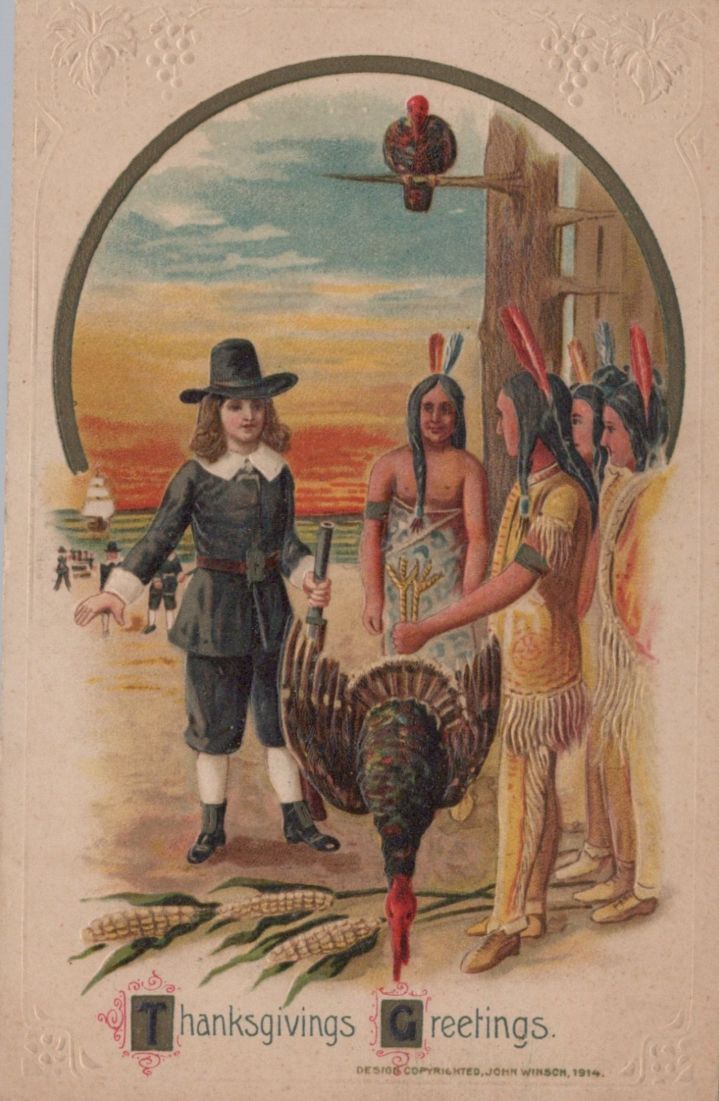 WINSCH 1914 THANKSGIVING POSTCARD VINTAGE Indians Giving Turkey to Pilgrim