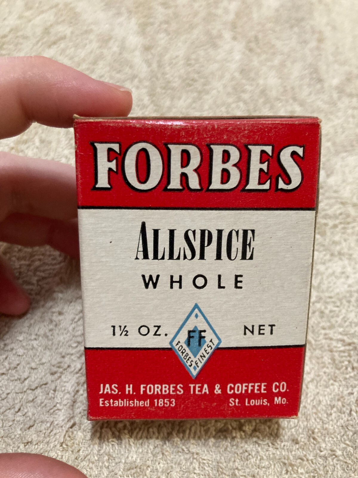VTG. Forbes Whole Allspice Box Paper Box 1 1/2 oz net. VTG. Forbes Whole Allspice Box Paper Box 1 1/2 oz net.