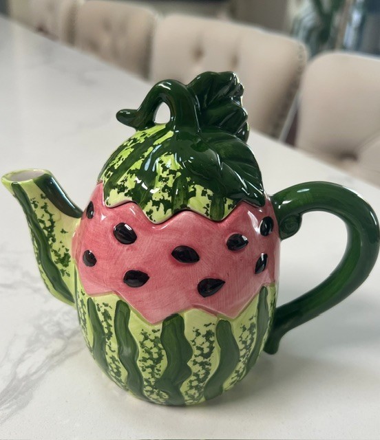 Vintage Cracker Barrel 1996 Watermelon Ceramic Hand paint Teapot w/Lid 5.5\' NEW
