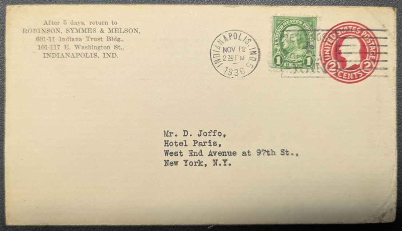1936 Former US Senator Arthur R Robinson Signed Letter & Cover Indianapolis IN
