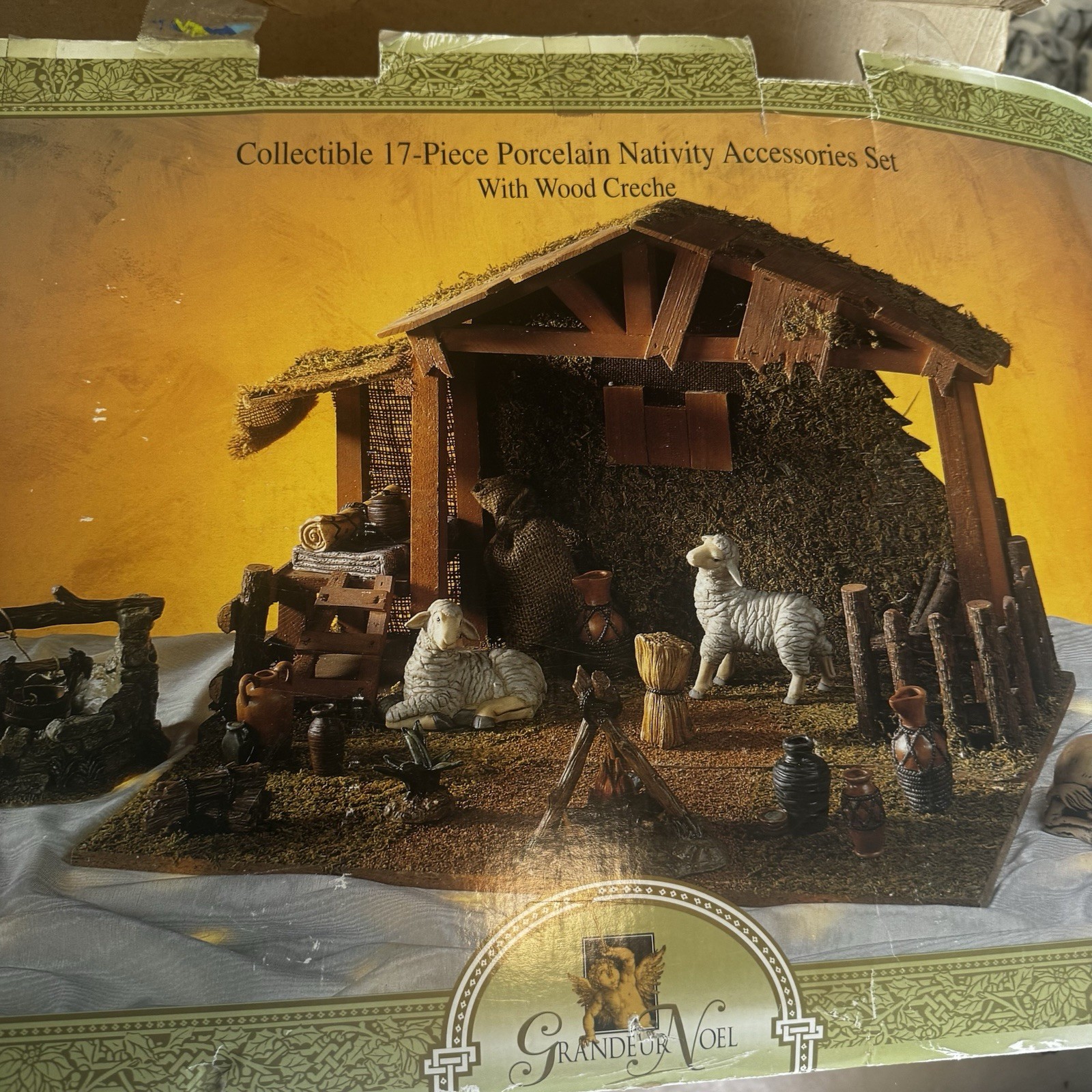 Grandeur Noel 17 Piece Porcelain Nativity Accessories Set Wood Creche Christmas