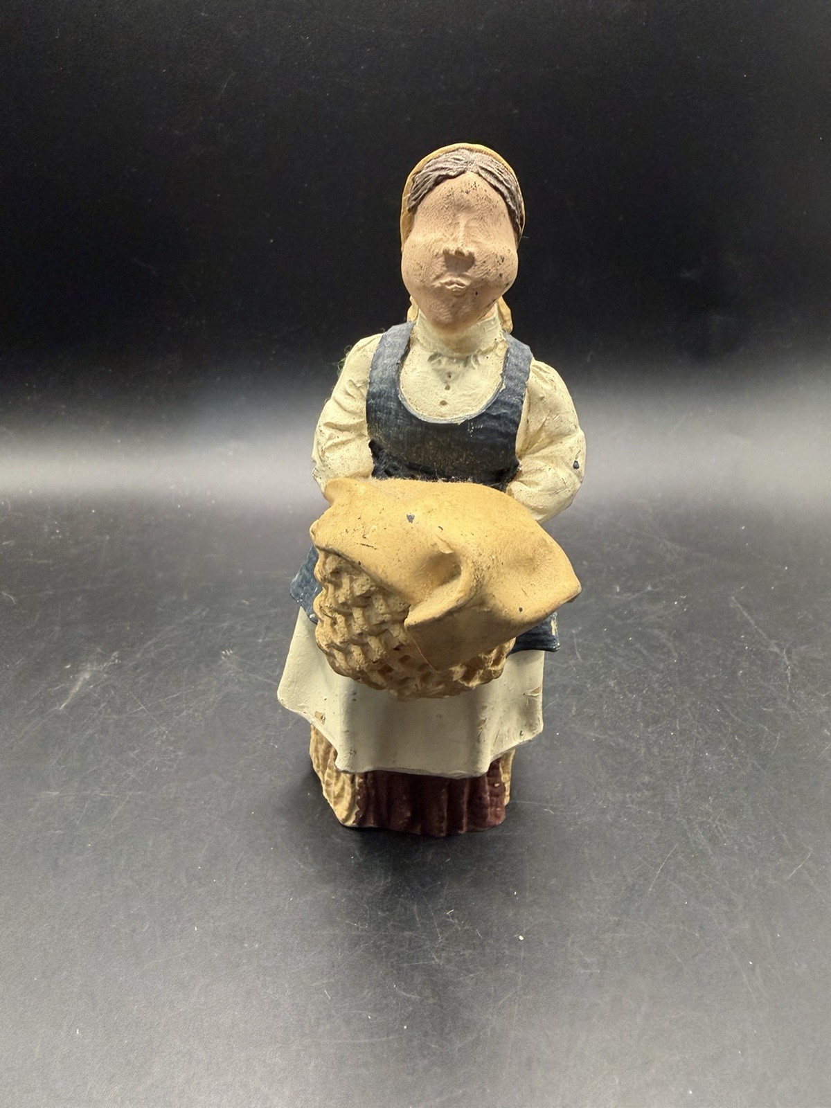 Vintage Chalkware Folk Art Peasant Woman Figurine Basket Apron 5.5