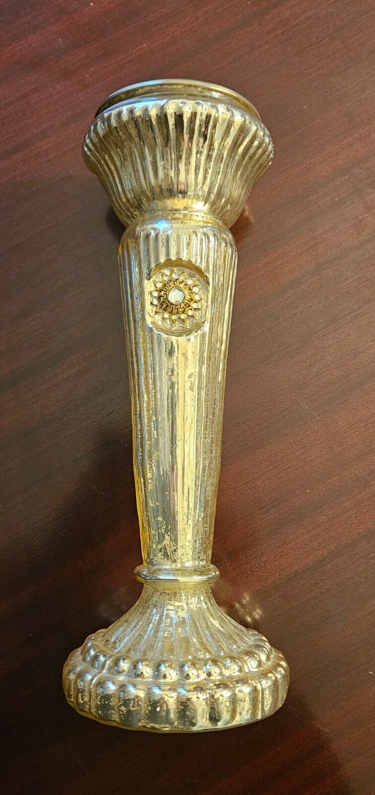 Fluted Gold Tone Glass Candlestick Holder 12\