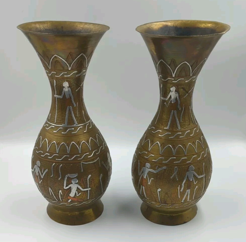 Vintage Cairoware Brass With Copper And Silver Inlaid Vases Set Of 2