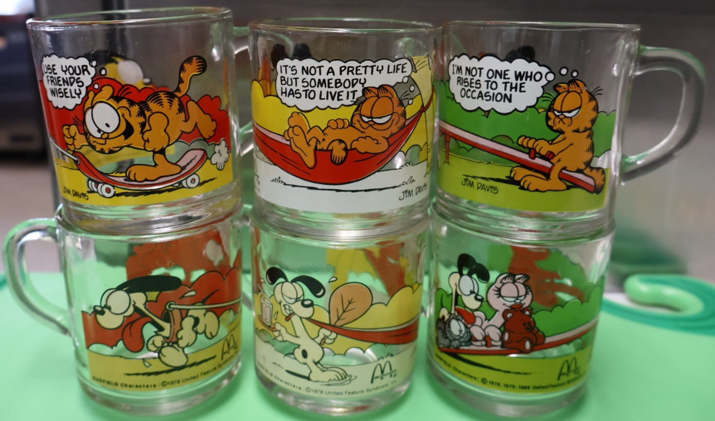Vintage McDonald's Garfield Glass Mugs Set of 6 Jim Davis 1978 1980 Clear Cups