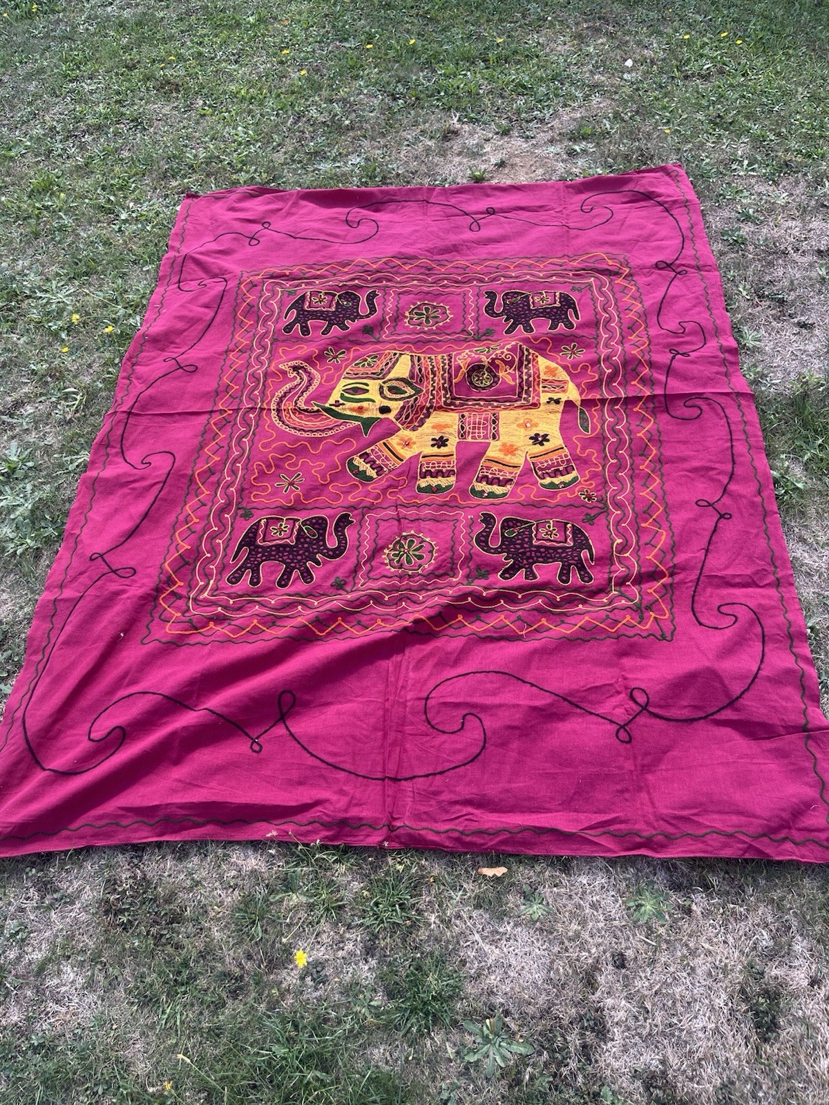Vintage Indian Tapestry Cotton Elephant Large Table Cloth Handmade 198x143cms