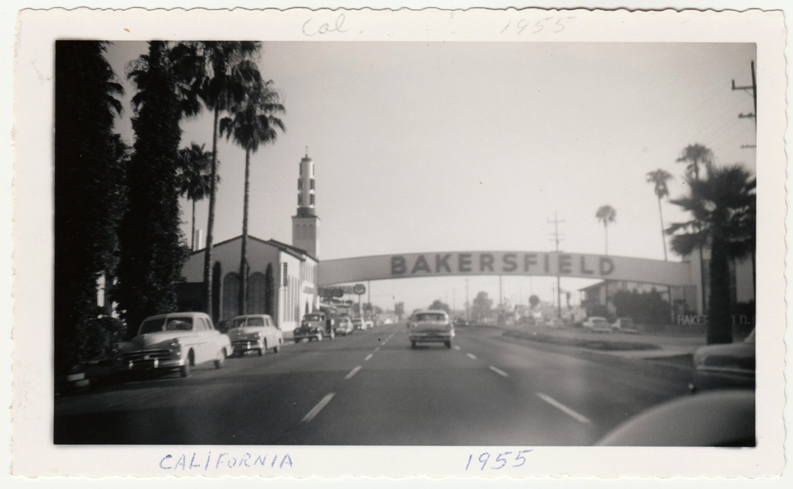 1955 Bakersfield CA Arch US 99 Union Ave Cars Vintage Photo 3.5x5.75