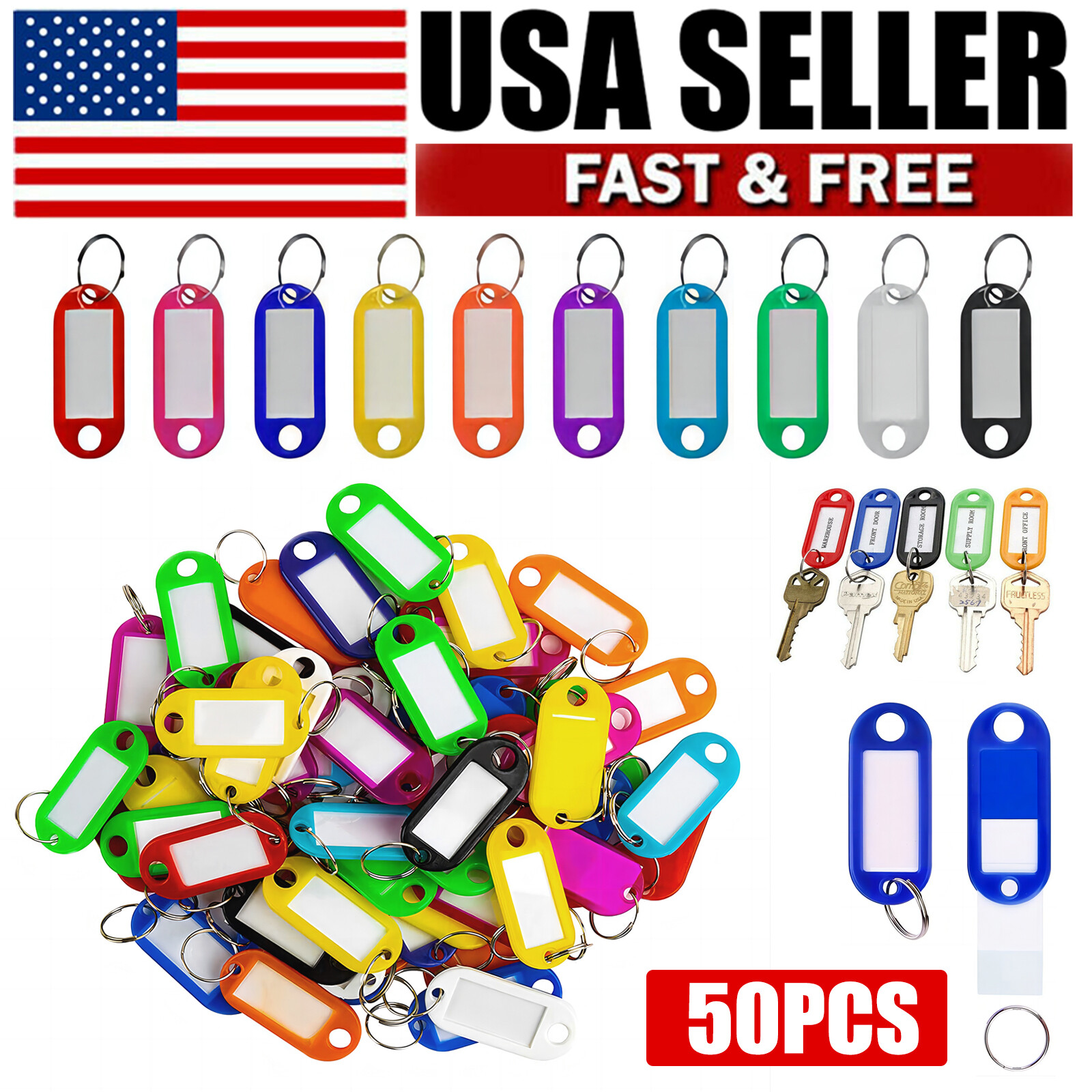 50 PCS Key Tags Plastic W/ Split Ring Luggage Fobs ID Card Name Label Keychain