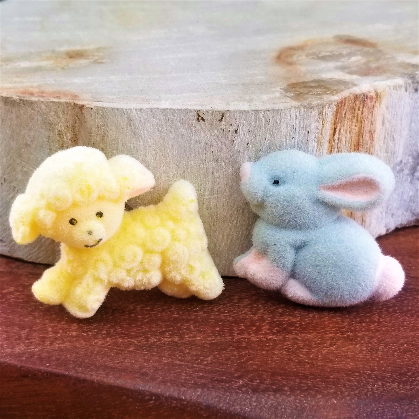 VTG Easter Baby Lamb & Rabbit Fridge 3D Flocked Figural Magnet Yellow Grey Pink