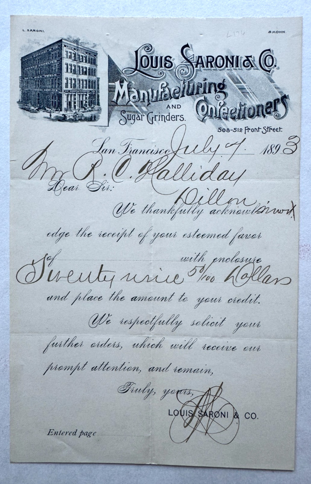 1893 Letterhead San Francisco CA Louis Saroni Confectioners Front St vignette