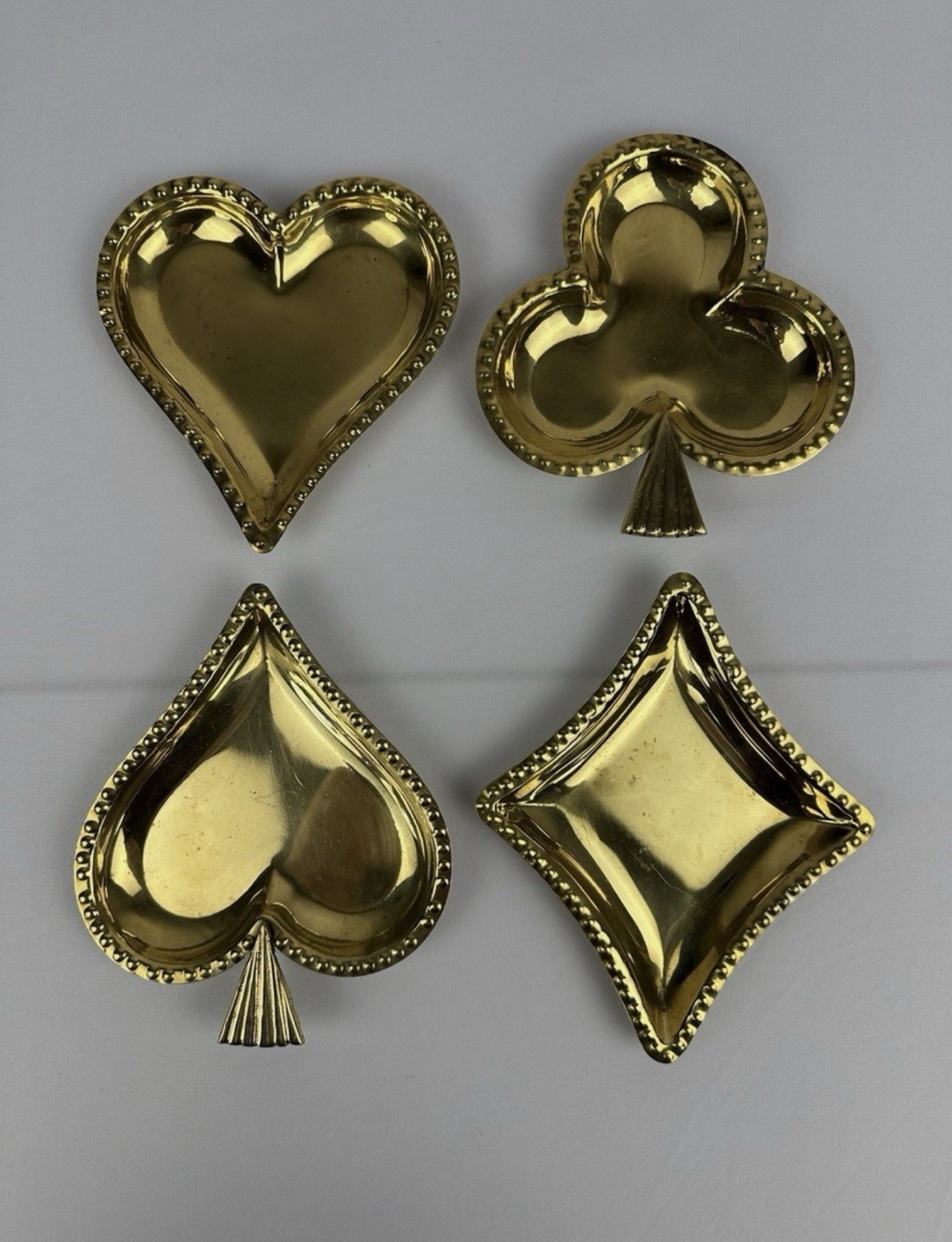 Rare VTG 1960s Set Of 4 Ashtray/Trinket Dishes Gilded Brass Playing Cards India Rare VTG 1960s Set Of 4 Ashtray/Trinket Dishes Gilded Brass Playing Cards India