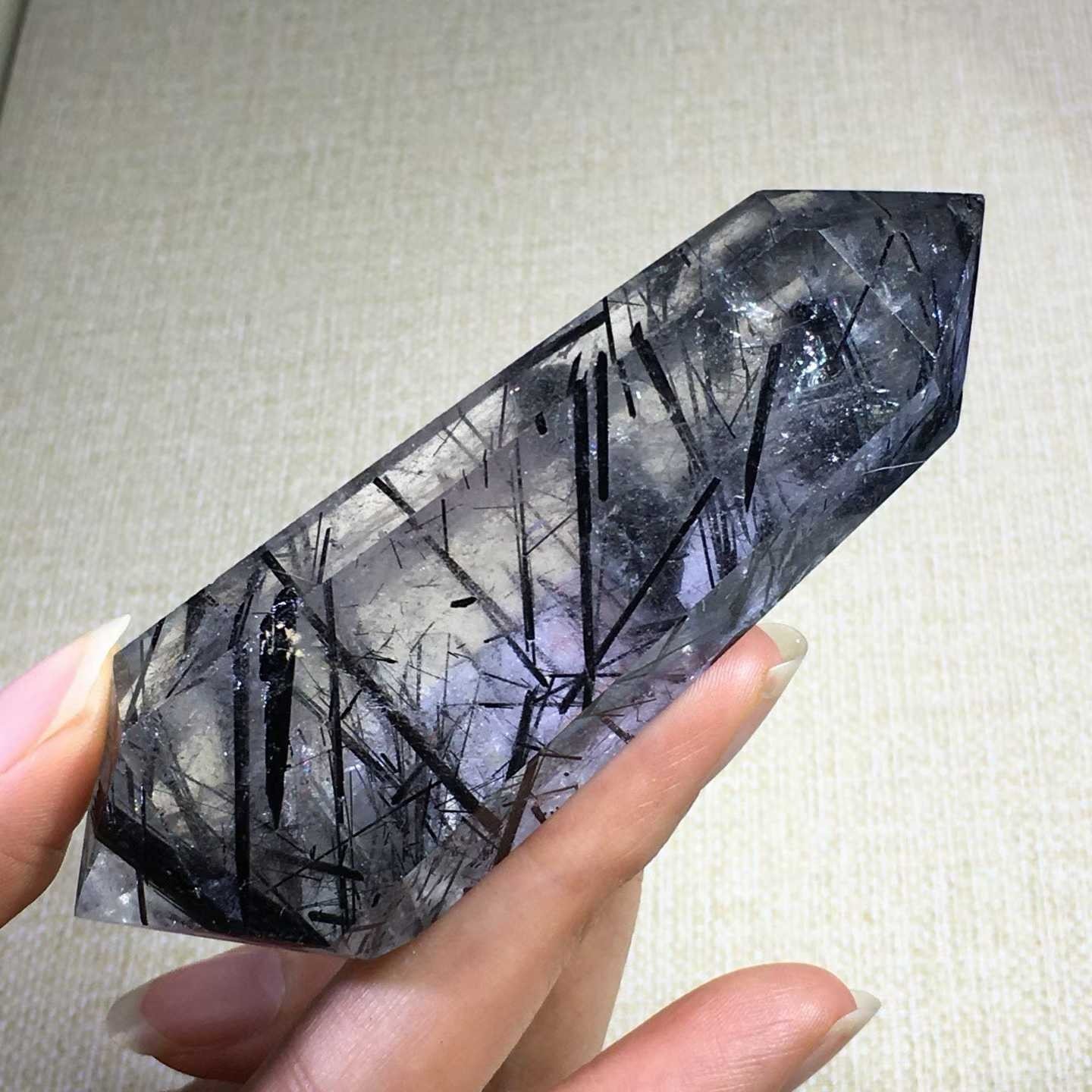 98g Natural Black Quartz Rutilated Obelisk Crystal Double Point Reiki Decor