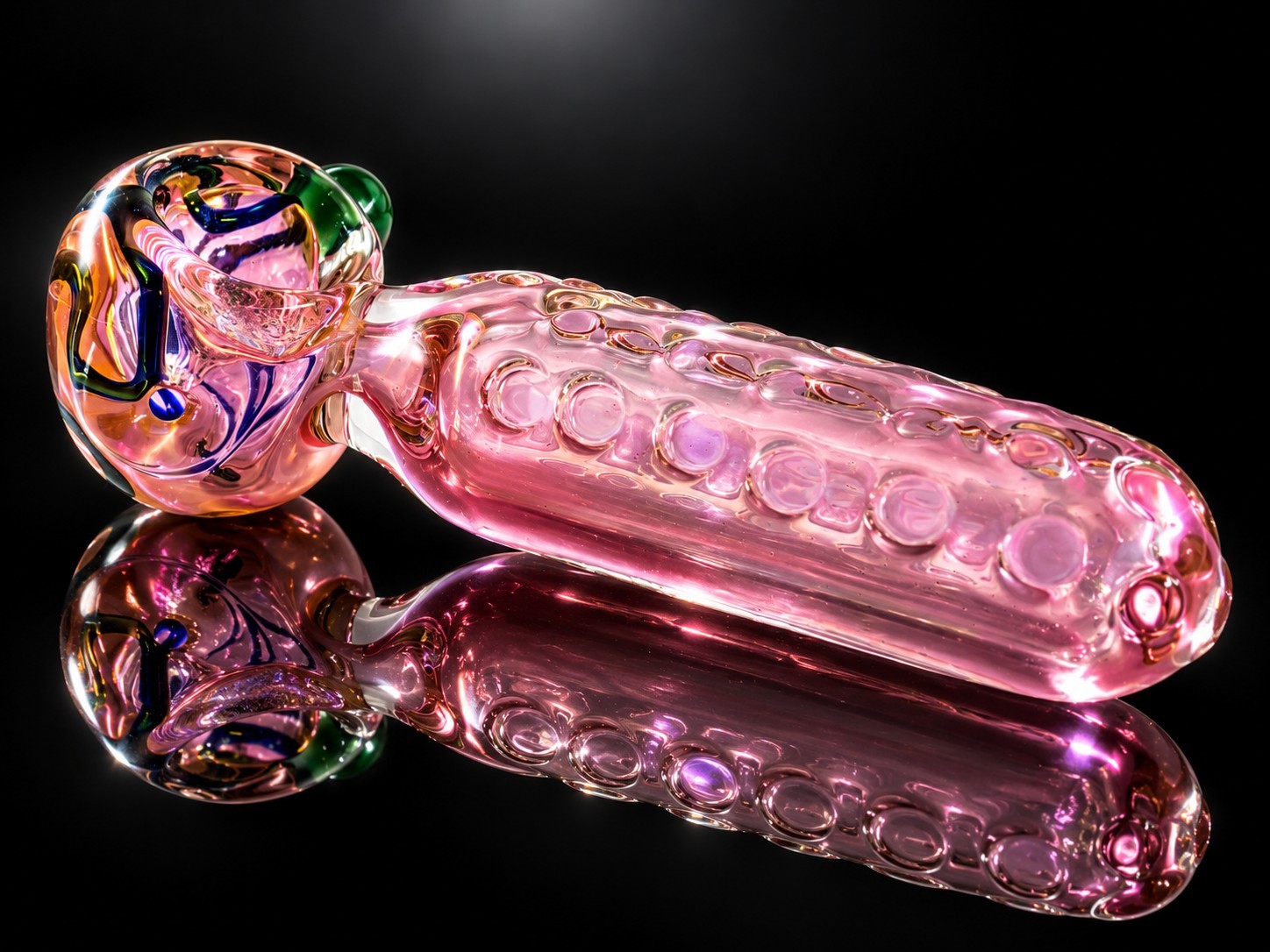 Heavy Thick Glass Hand Pipe Pink Textured Blue Green Swirl Art