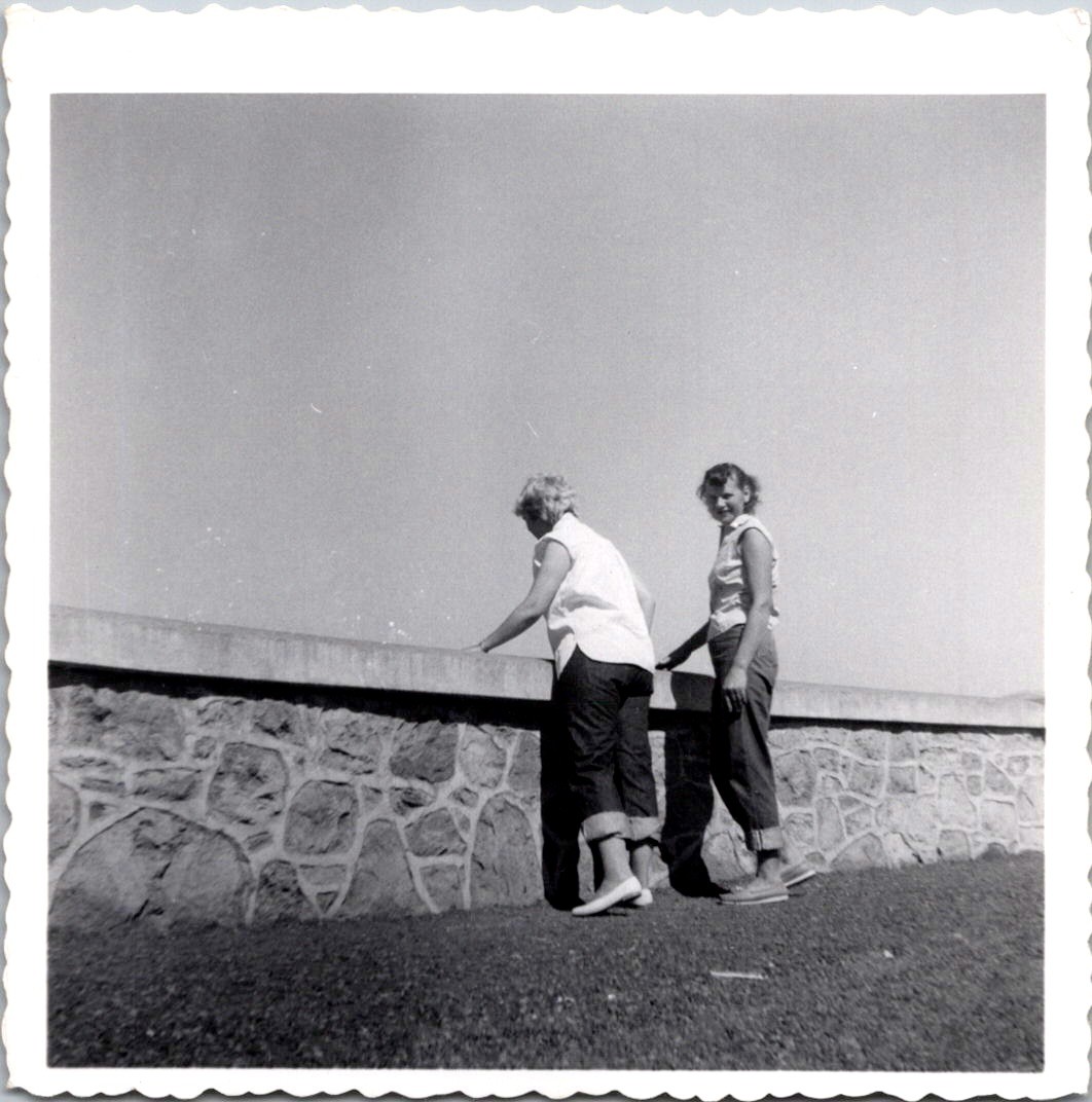 Two Women at Stone Wall, 1950s B&W Vintage Snapshot Photo Two Women at Stone Wall, 1950s B&W Vintage Snapshot Photo