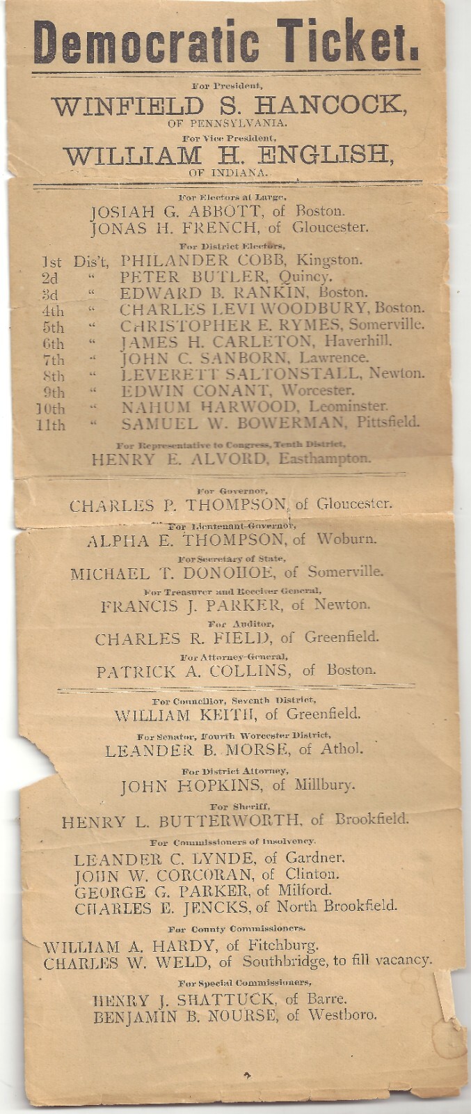 MA 1880  Democratic Ticket ~ WINFIELD S. HANCOCK For PRESIDENT Wm English for VP