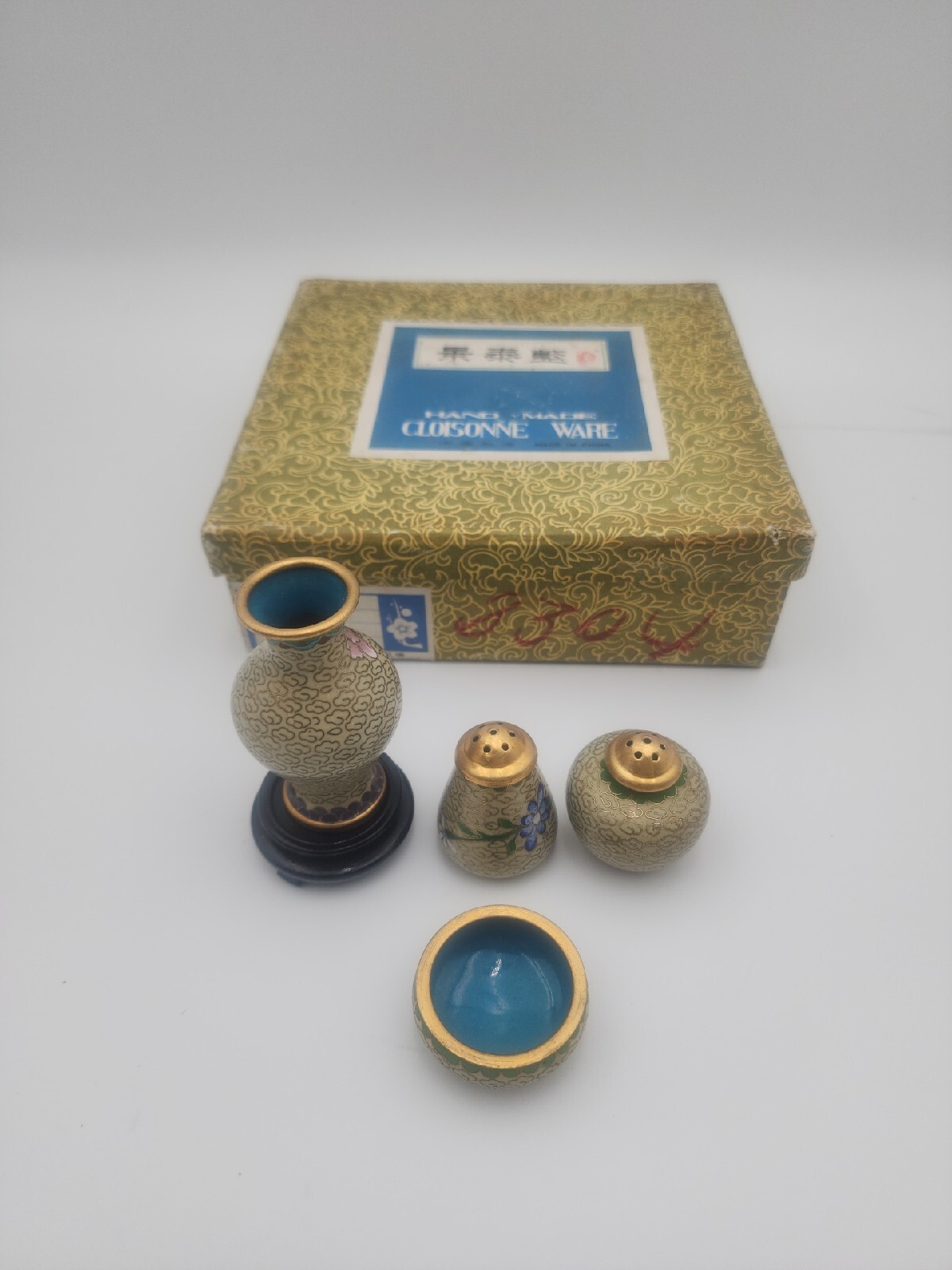 Vintage floral enamel cloisonne set- salt, pepper, vase, bowl, stand Vintage floral enamel cloisonne set- salt, pepper, vase, bowl, stand