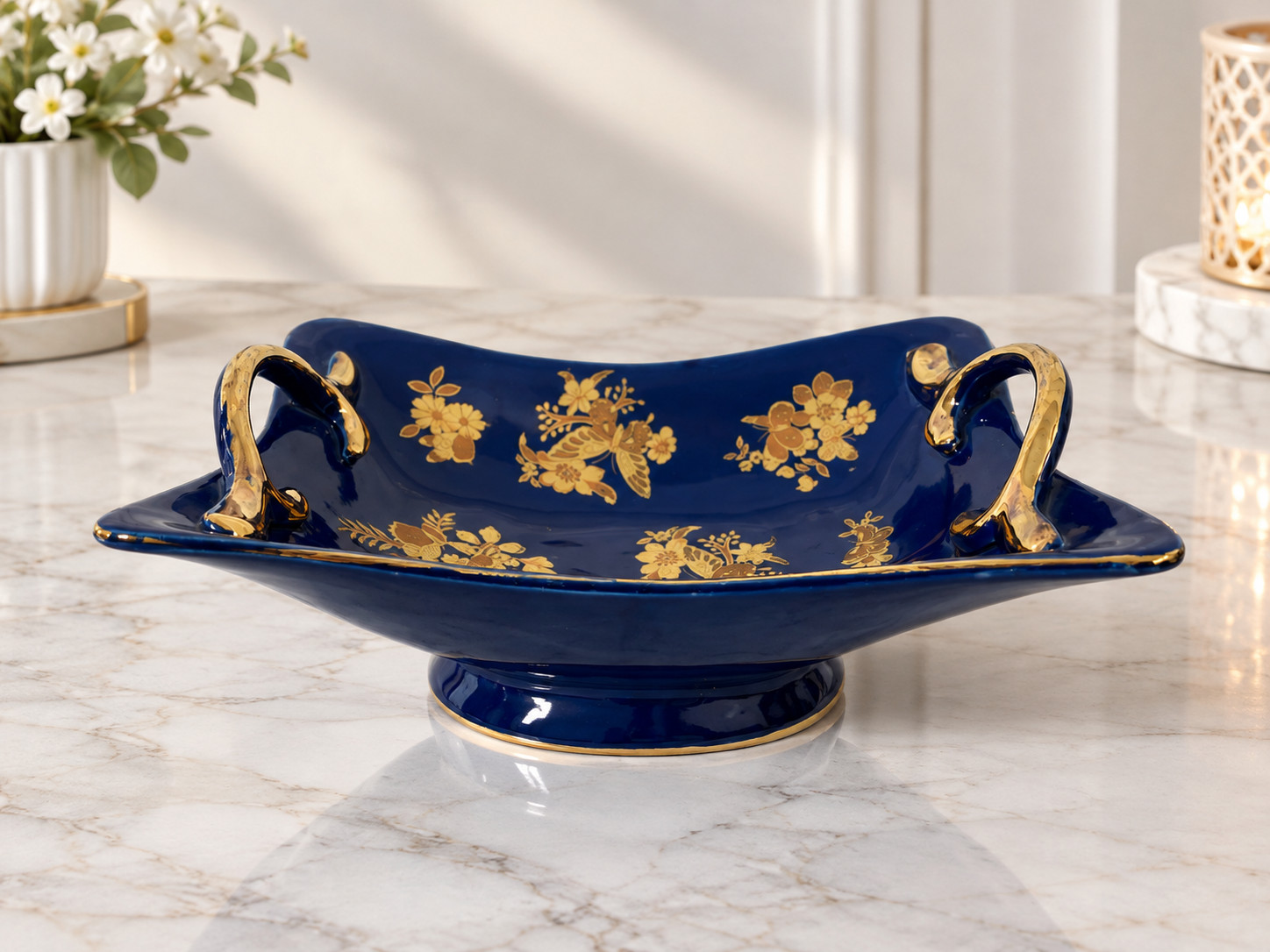 Vintage Cobalt Blue Porcelain Vase Bowl Floral Gold Paint Home Decor Centerpiece Vintage Cobalt Blue Porcelain Vase Bowl Floral Gold Paint Home Decor Centerpiece