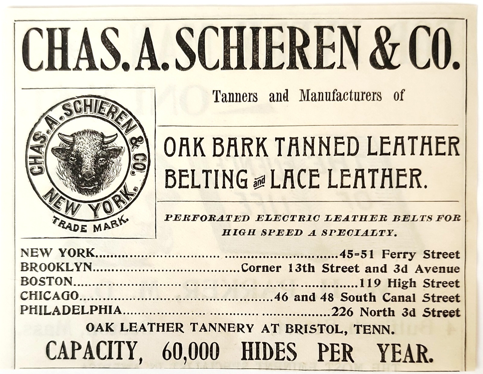 1896 Charles Schieren Oak Leather Tannery Advertisement Victorian Tennessee