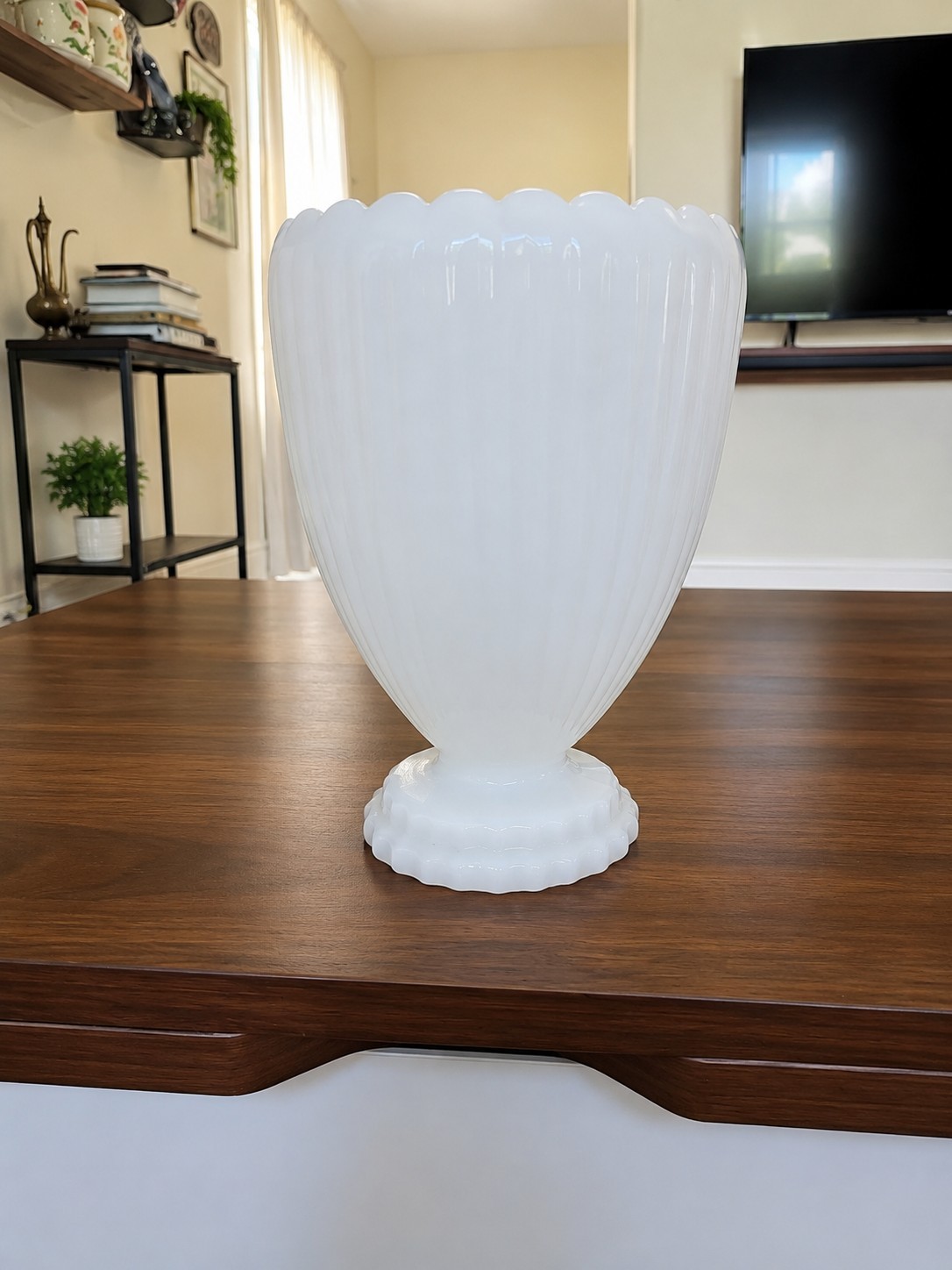 Vintage Napco Milk Glass Vase With Pedestal And Ribbing 7.5