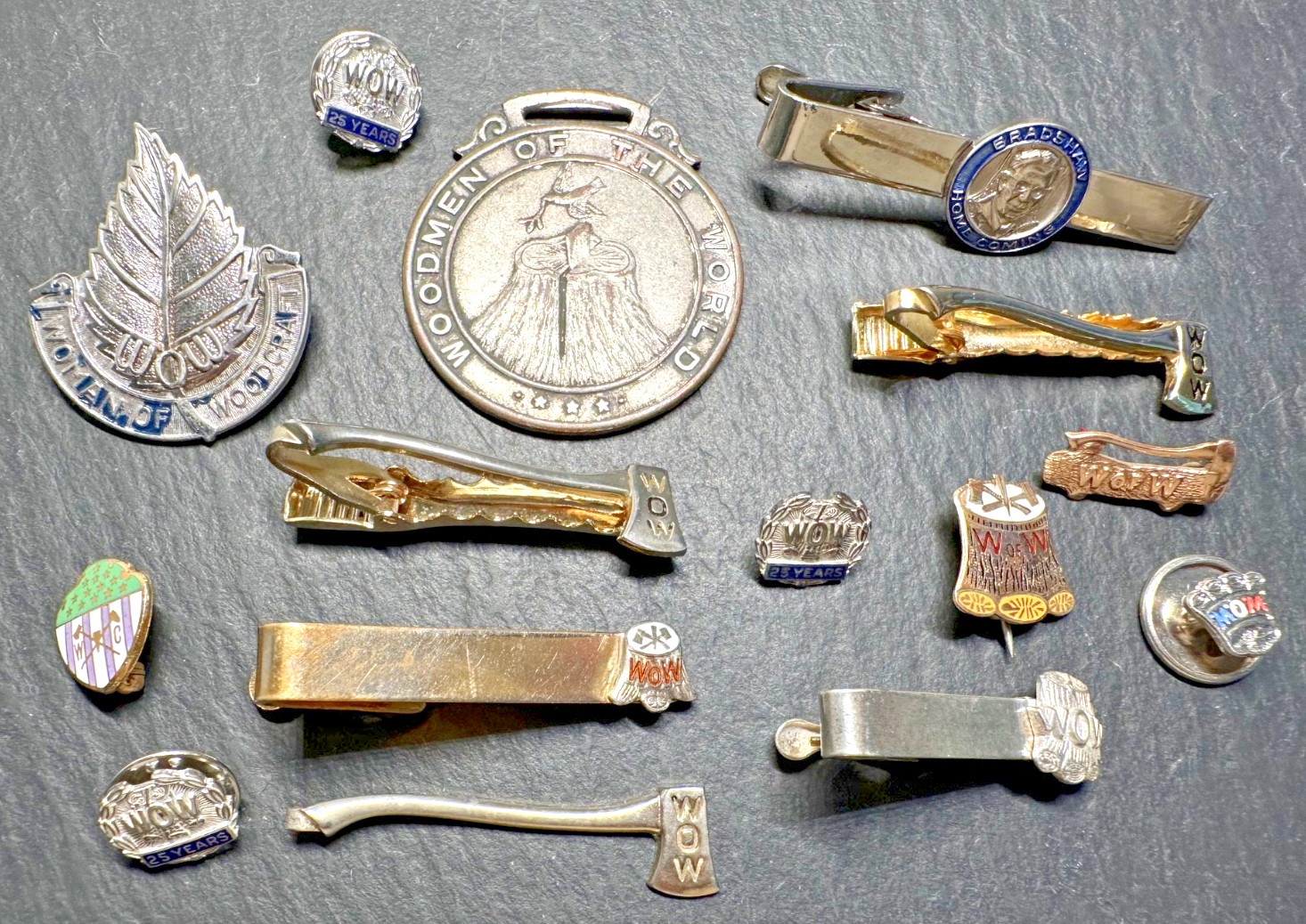 VINTAGE WOODMEN OF THE WORLD & WOMAN OF WOODCRAFT PINS, TIE CLIPS, FOB H831