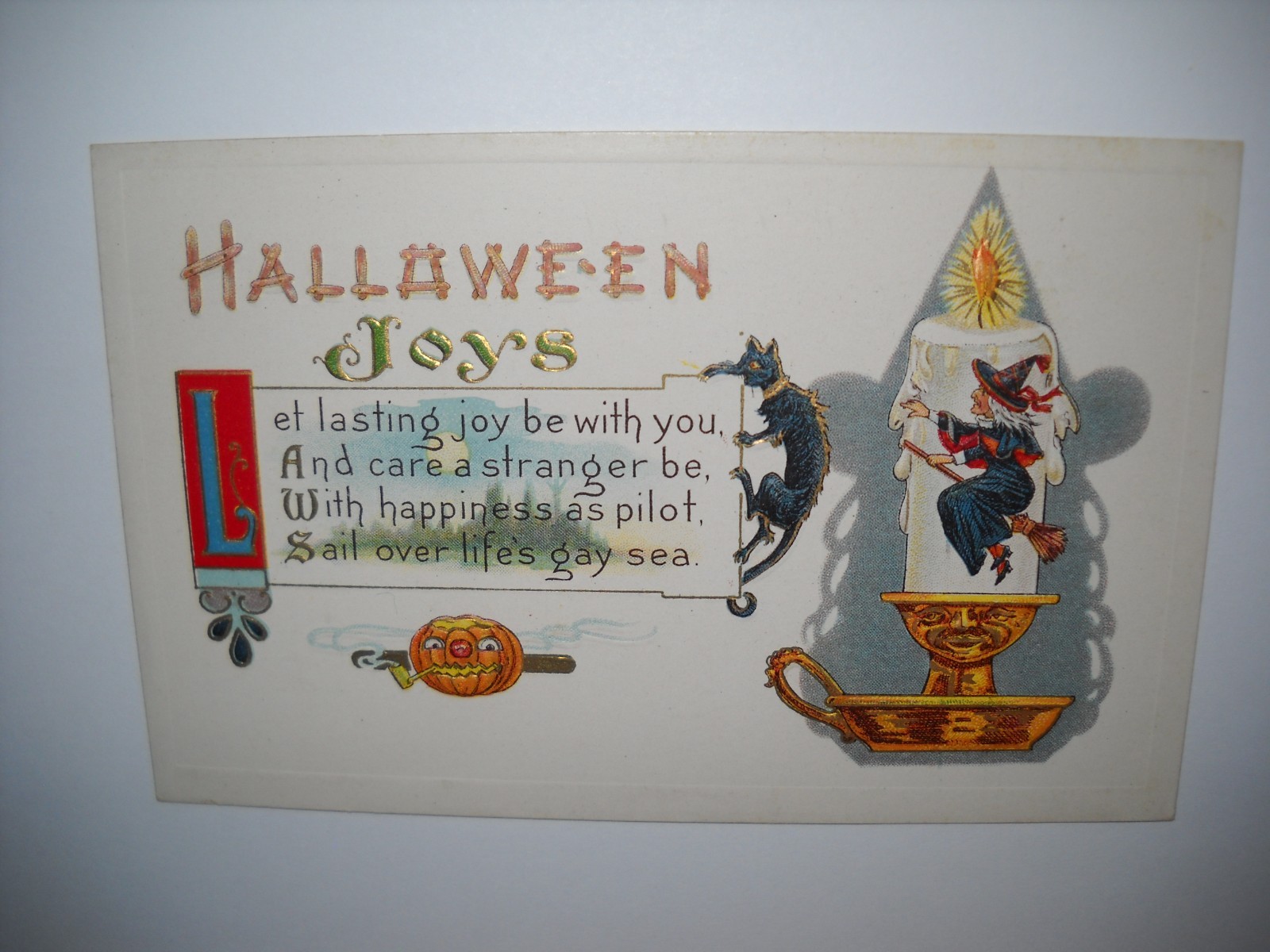 HALLOWEEN JOYS SPELL FROM WITCH & CAT antique unused embossed postcard CHROMO