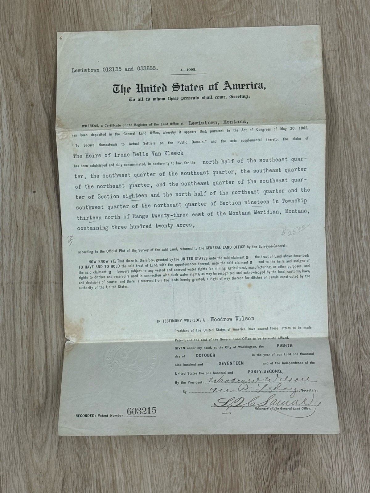 1907 President Woodrow Wilson Signed US United States Land Grant Montana MT 1907 President Woodrow Wilson Signed US United States Land Grant Montana MT