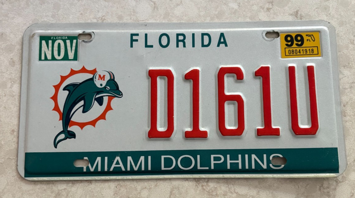 Vintage 1999 Miami Dolphins NFL Florida License Plate D161U Vintage 1999 Miami Dolphins NFL Florida License Plate D161U
