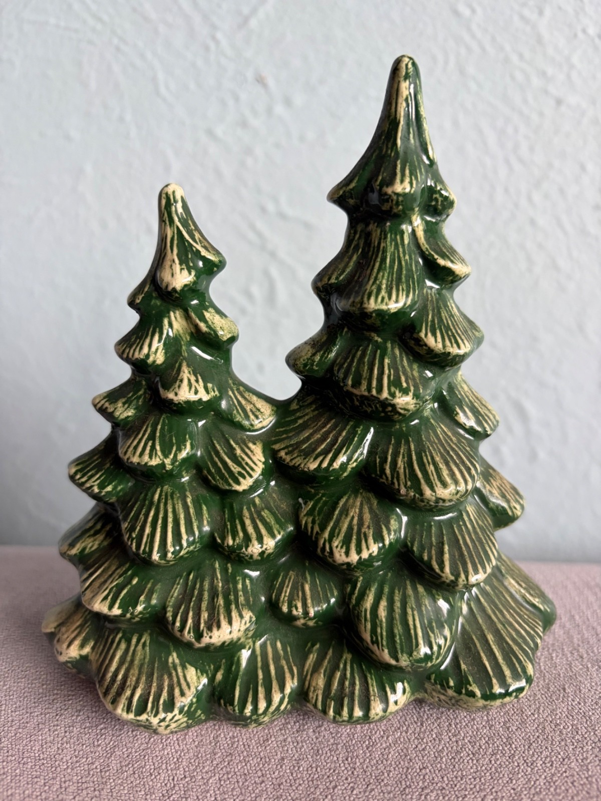 Vintage 1998 Ceramic Double Christmas Tree Figurine Green Hand Painted Signed Vintage 1998 Ceramic Double Christmas Tree Figurine Green Hand Painted Signed