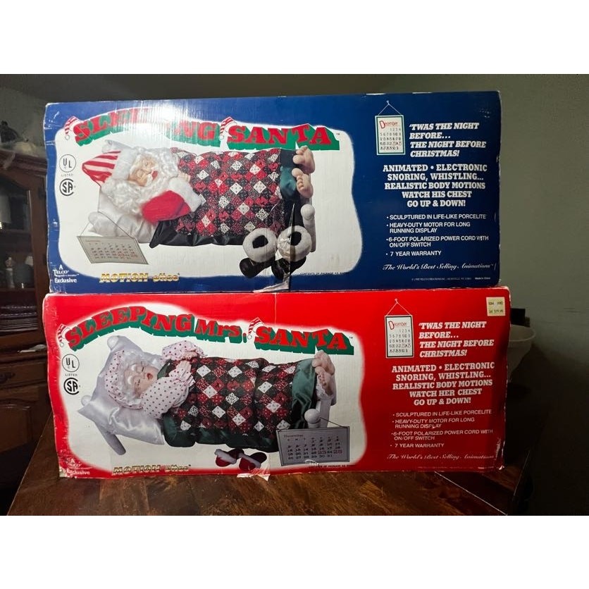 Vintage 1992 Telco Motion-ettes Sleeping Santa & Mrs Claus Animated Pair Boxed