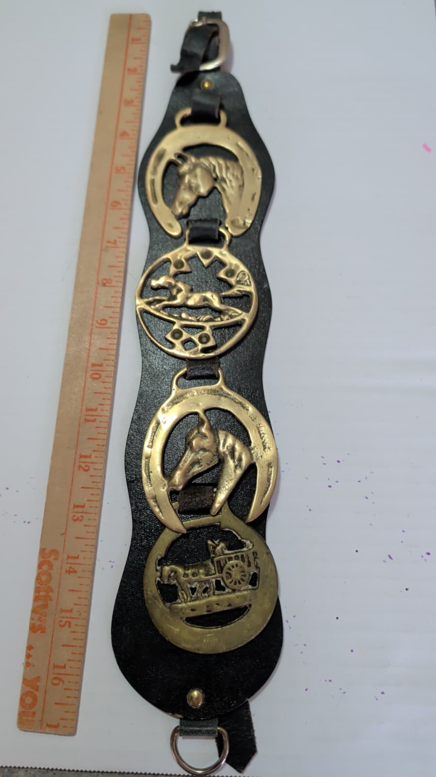 Horse Brass Leather Strap Antique From England 4 HORSE Brasses 17\ Horse Brass Leather Strap Antique From England 4 HORSE Brasses 17\