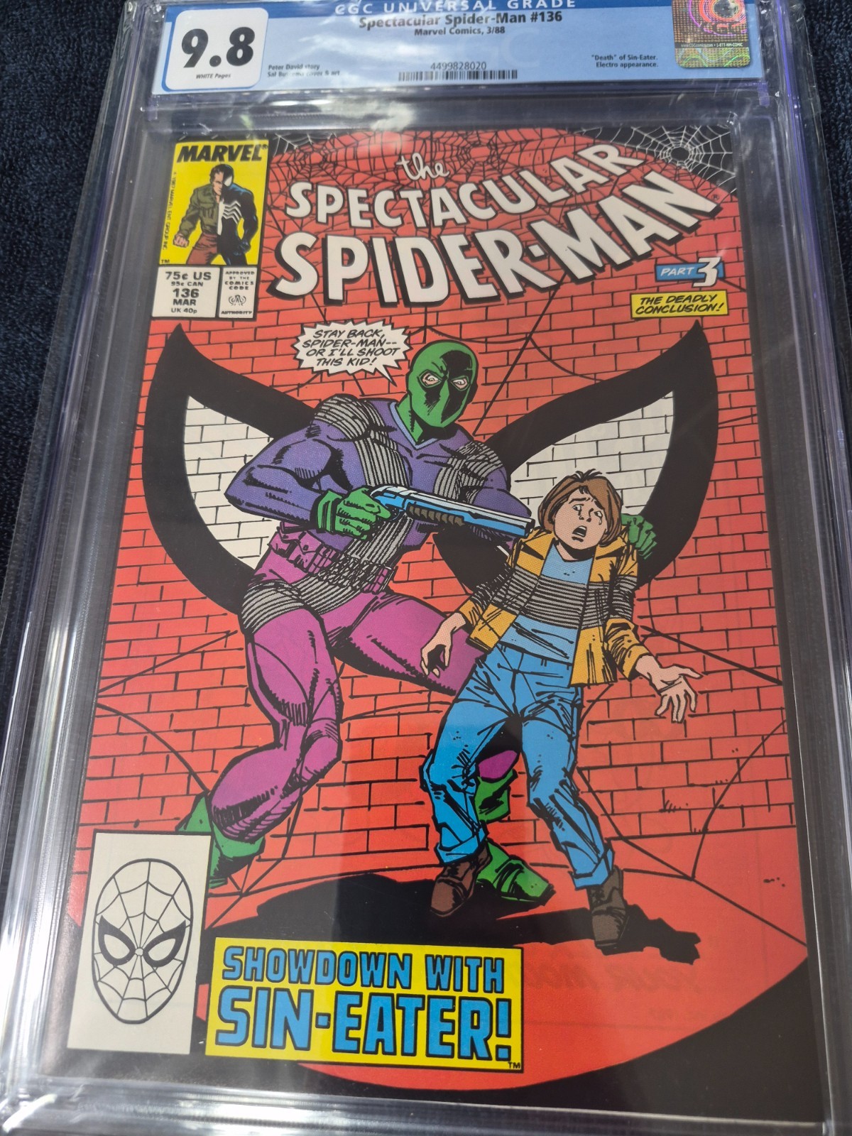 The Spectacular Spider-Man 136 1988 CGC 9.8 White Pages Death of Sin-Eater The Spectacular Spider-Man 136 1988 CGC 9.8 White Pages Death of Sin-Eater