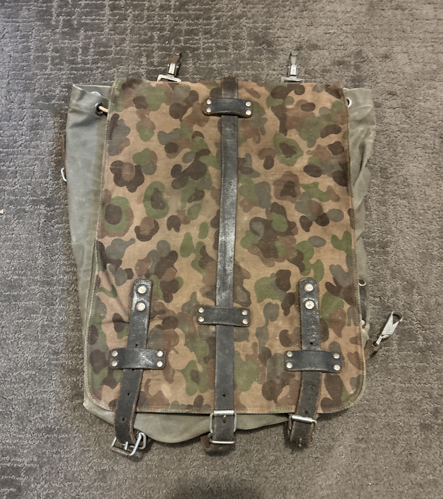 Vintage Austrian Military Ges Gesch 1960s Camo Canvas & Leather Backpack