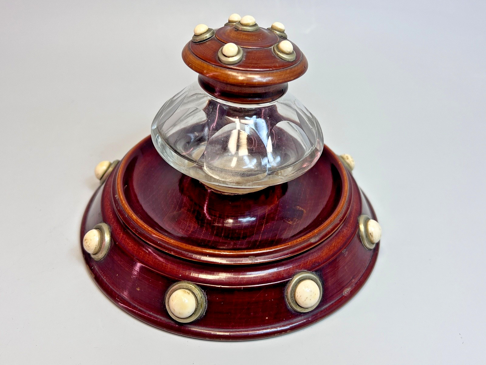 19c.Antique Victorian Turned Wood Faceted Glass Inkwell Ink Stand Dots