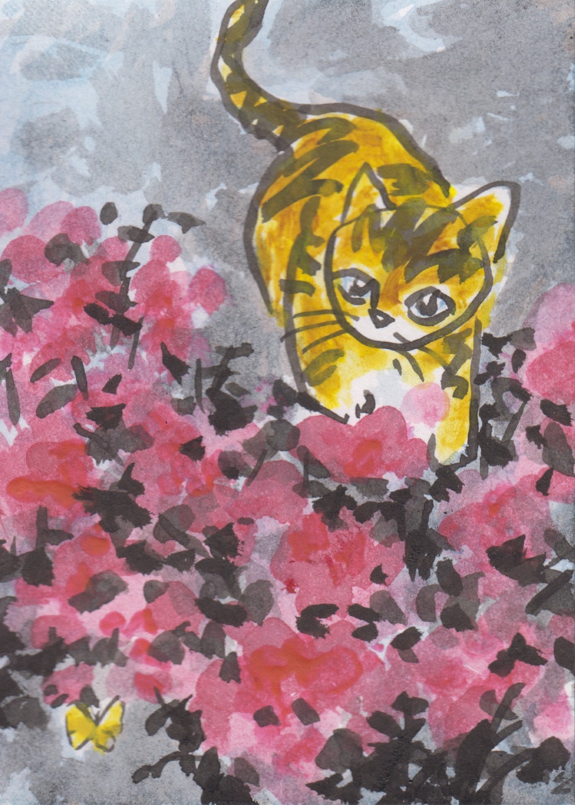 LinLi888 Lin Li Art ACEO Original Acrylic Painting Cat Flower Butterfly 26092301