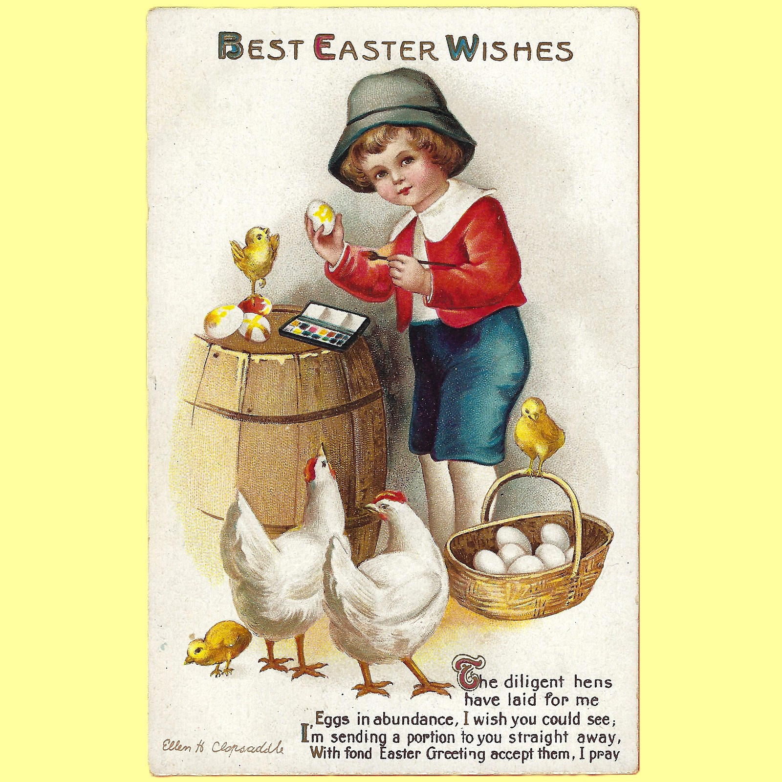 Vtg Clapsaddle Easter Boy Paints Eggs Chickens Chicks A/S Emb c1914 Near Mint