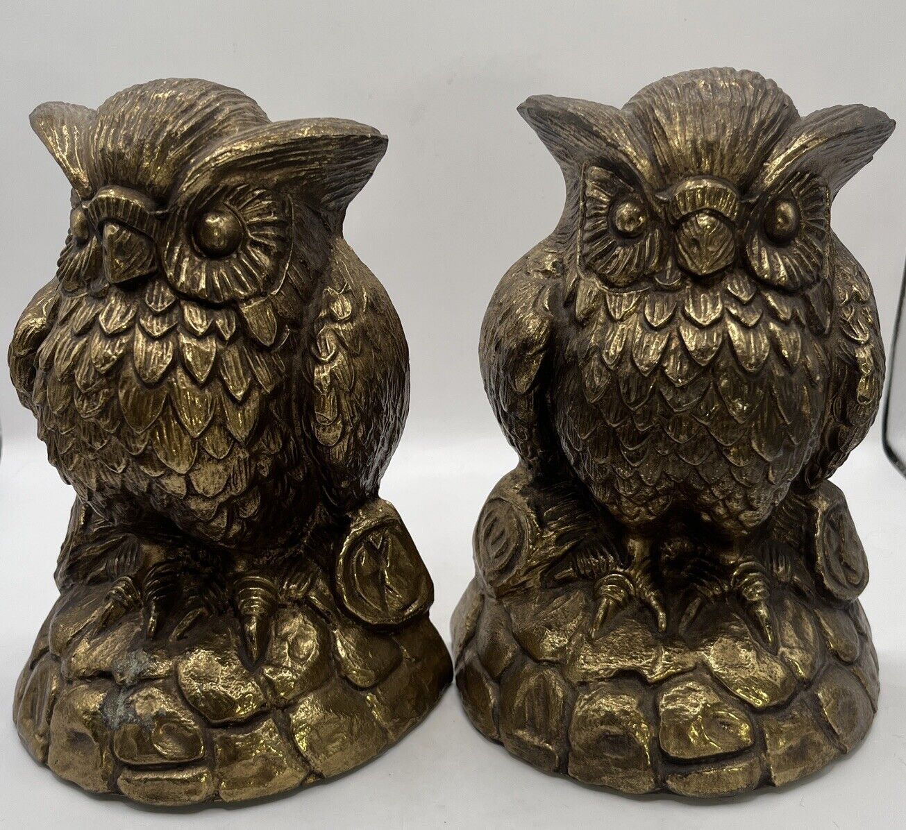 Vintage Pair Of  7” X 5” Heavy Brass Owl Bookends MCM. READ INFO