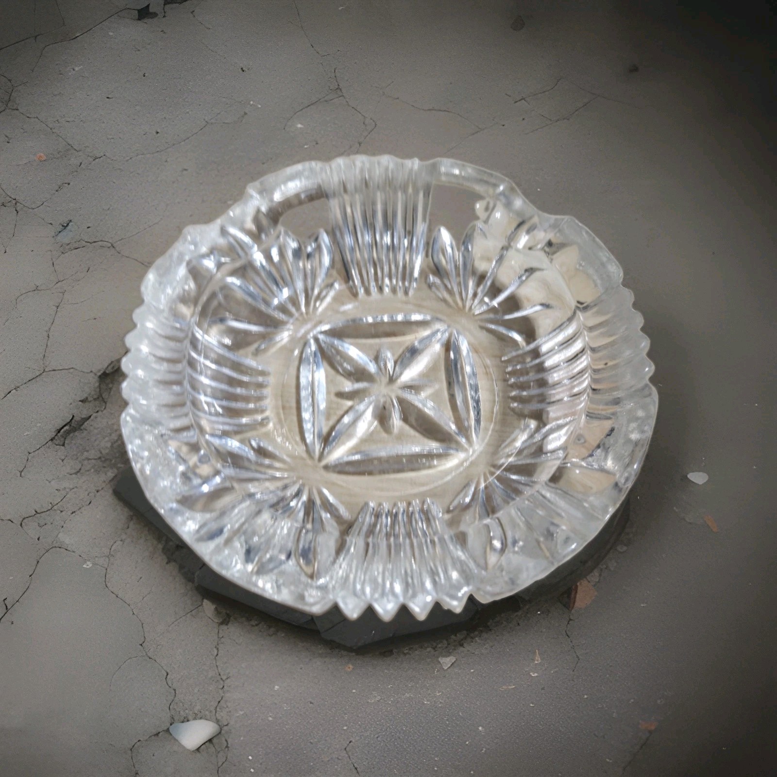 Glass Ashtray Vintage Crystal Cut Small Ornate Round Cigarette