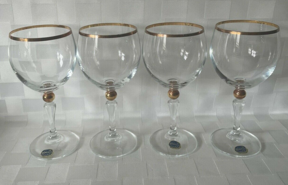 Set of 4 Vintage Bohemia Crystal Crystalex Gold Rim Wine Glasses Ball Stem Czech