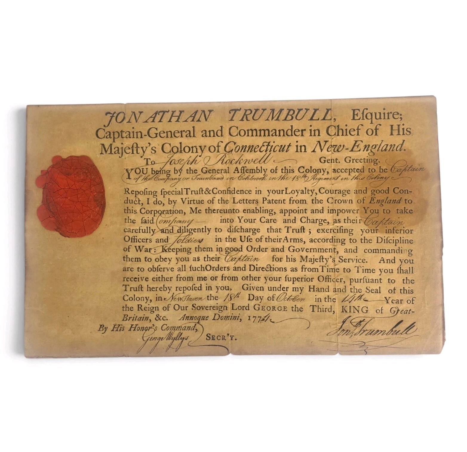 1774 Jonathan Trumbull George Wyllys Signed Colonial CT Militia Commission