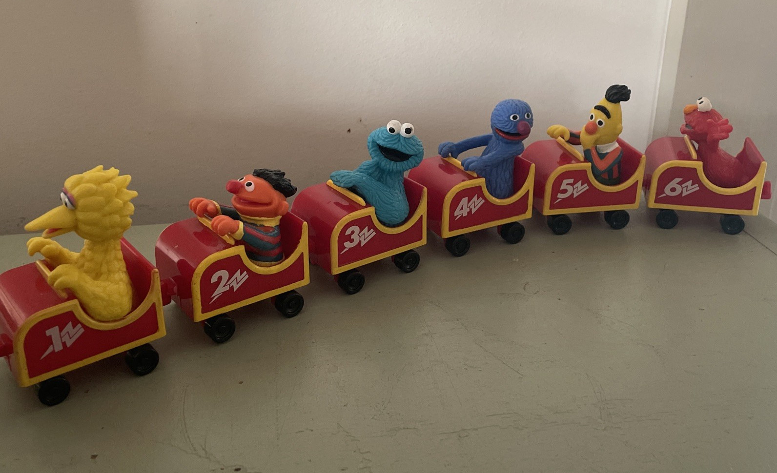 RARE  Complete Set All 6 Vtg Sesame Street Roller Coaster Car Toys