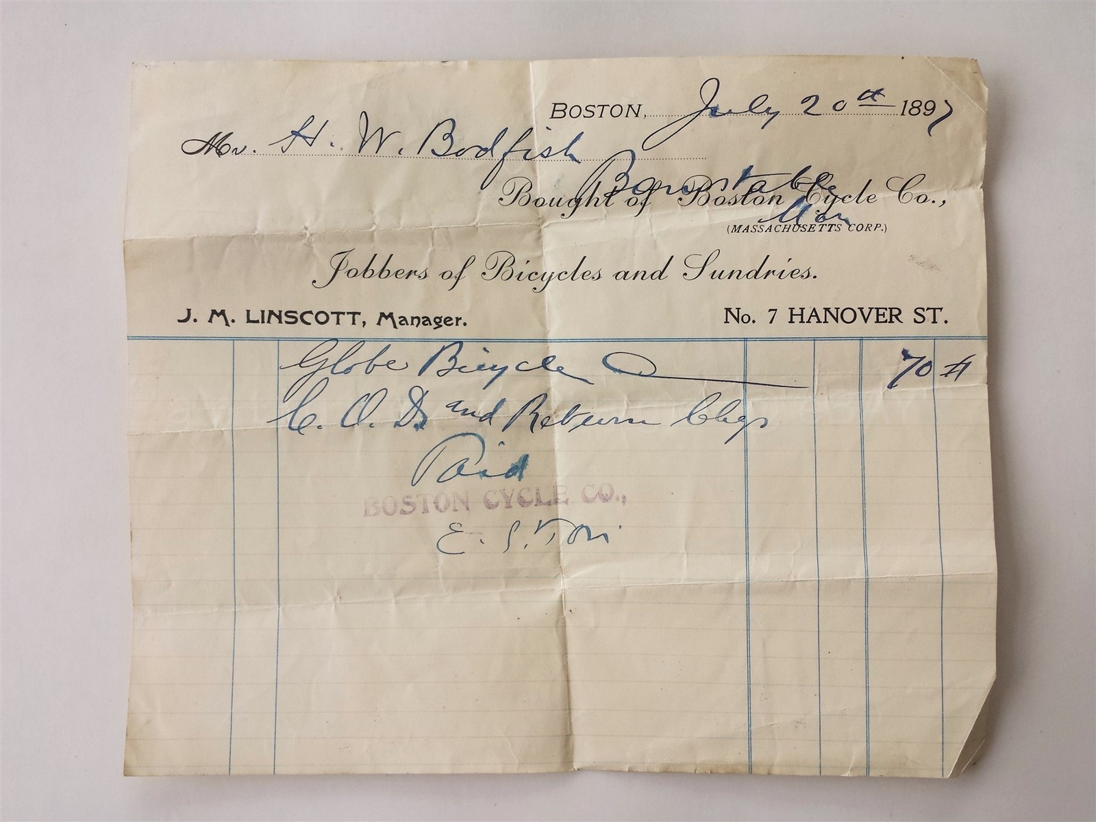 1897 antique BOSTON MA CYCLE CO RECEIPT j linscott H W BODFISH bicycle sundries