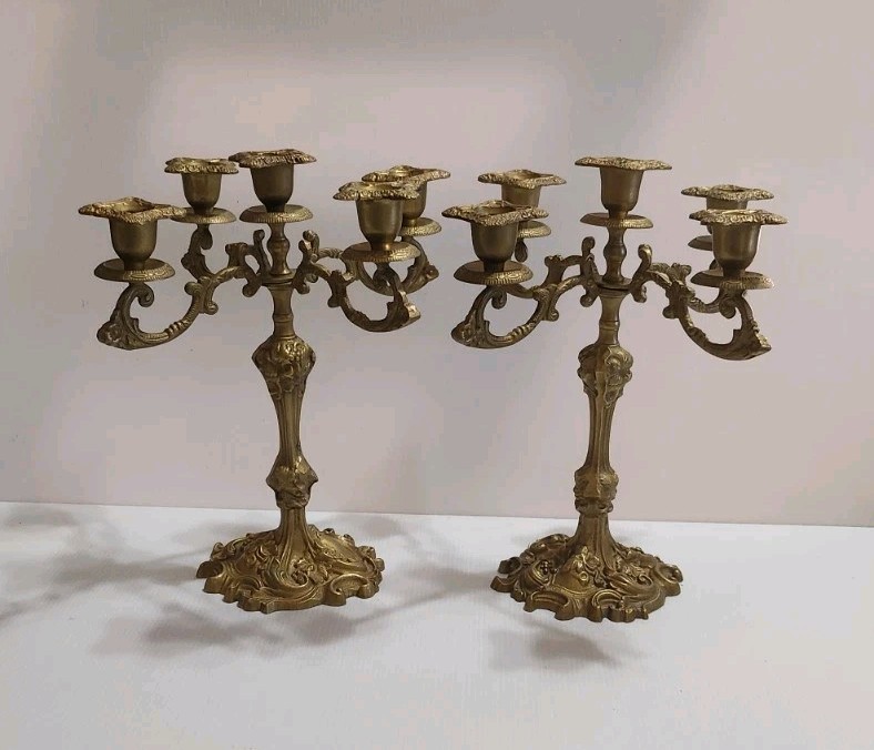 Pair Vintage Ornate Brass 5 Arm Candelabra 12” Tall Pair Vintage Ornate Brass 5 Arm Candelabra 12” Tall