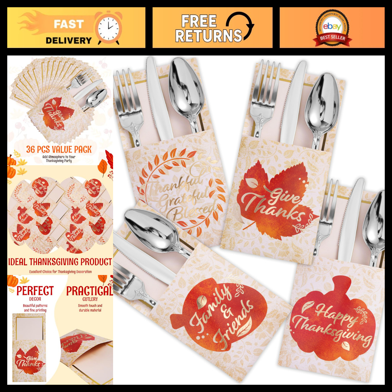 36PCS Thanksgiving Turkey Cutlery Holders - Gold Foil Utensil Holders for Fall P