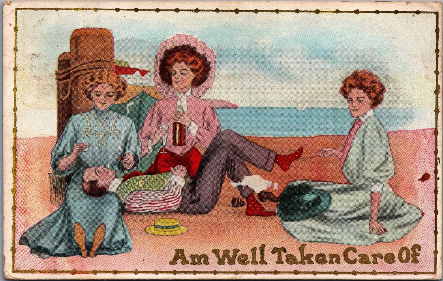 1909 Edwardian Women Beach \
