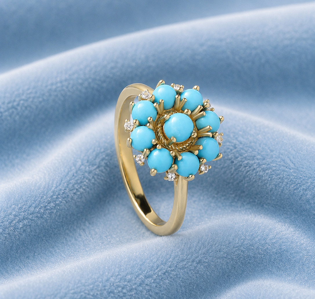3 Ct Round Shape Turquoise and Diamond Party Flower Ring 14K Yellow Gold Plated