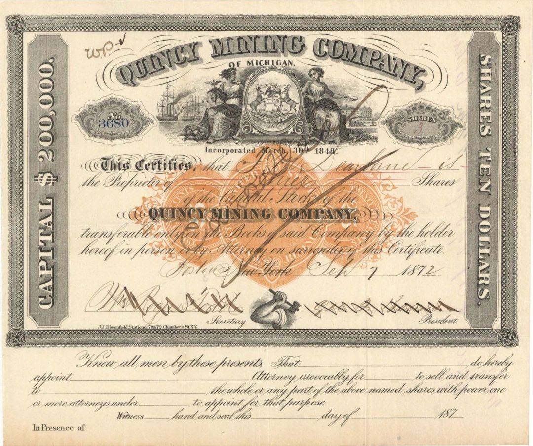 Quincy Mining Co. of Michigan - 1872 dated Mining Stock Certificate - Mining S
