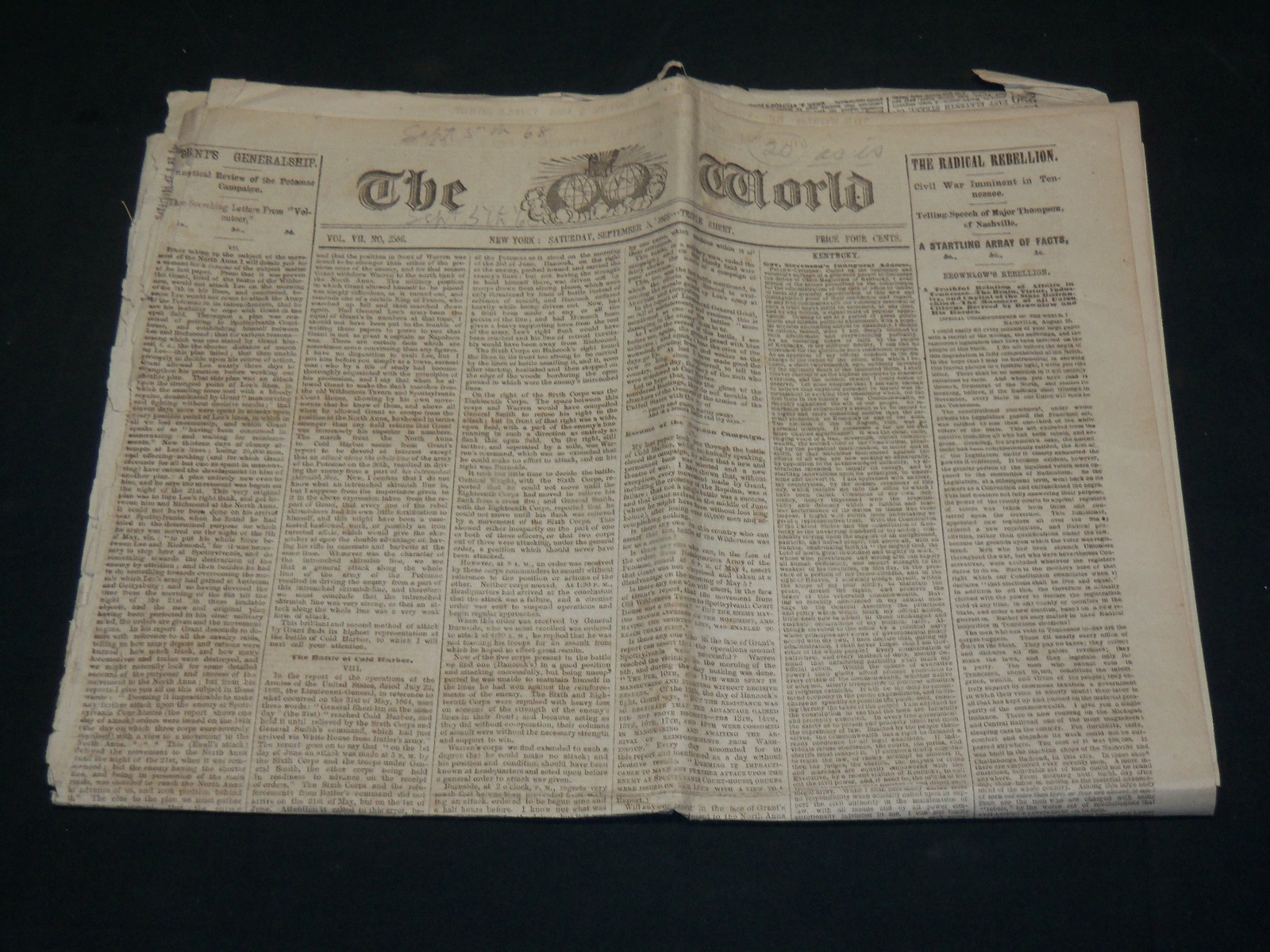 1868 SEPTEMBER 5 THE NEW YORK WORLD NEWSPAPER - LETTERS FROM VOLUNTEER - NP 5230 1868 SEPTEMBER 5 THE NEW YORK WORLD NEWSPAPER - LETTERS FROM VOLUNTEER - NP 5230