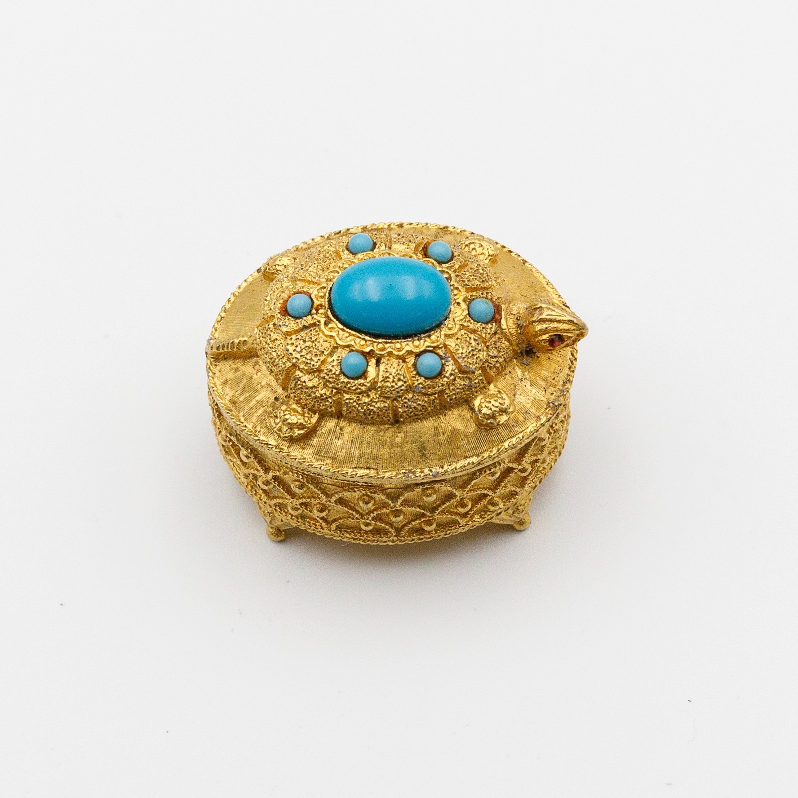 Vintage Signed Florenza Turtle Pill Trinket Box Gold Tone Faux Turquoise Vintage Signed Florenza Turtle Pill Trinket Box Gold Tone Faux Turquoise