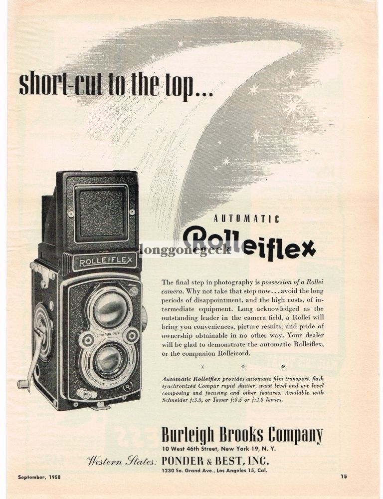 1950 Rolleiflex TLR Medium Format Camera Short Cut To The Top Vintage Print Ad 